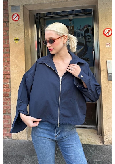 Madmext Lacivert Fermuarlı Cep Detaylı Oversize Kadın Ceket Mg2188 Lacivert