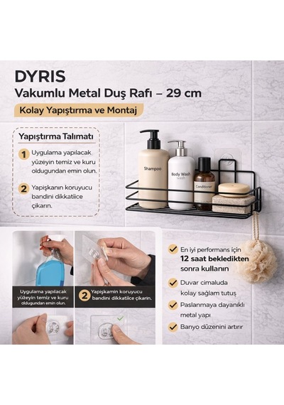 Dyrıs Siyah Metal Duş Rafı 29 Cm Vakumlu Yapışkanlı Banyo Şampuanlık Organizer
