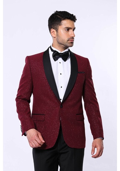 Wessi Bordo Şal Yaka Simli Smokin Ceket Siyah