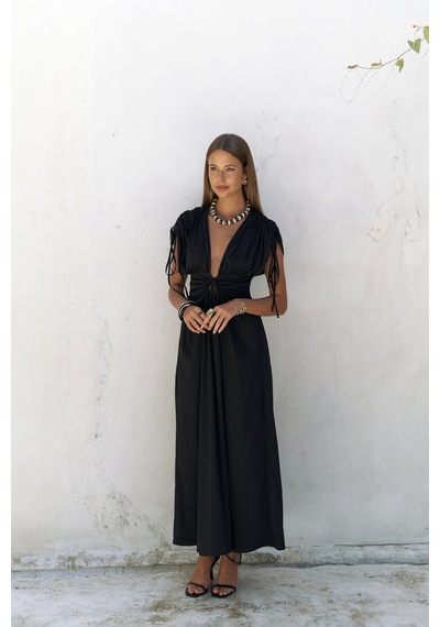 Mai Collection Mai Studios Co. Manarola Büzgü Detay Siyah Uzun Elbise siyah