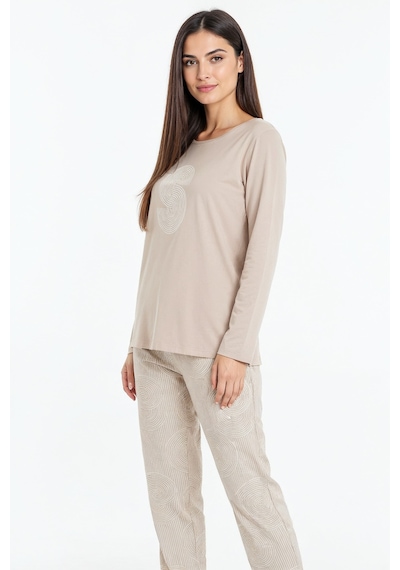 Üstü Yazılı Altı Yuvarlak Desenli Elite Viscose Uzun Pijama Takımı Krem 3560 Bej