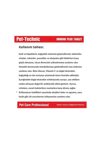 Immune Plus Tablet Kedi Ve Köpekler İçin Bağışıklık Güçlendirici Takviye Beta-glucan, Propolis, Vitamin C Ve Bitkisel Ekstratlar 75 Tablet