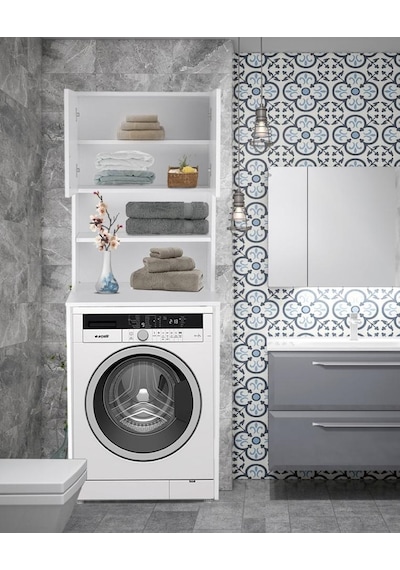 Bicabin Makina Üstü Dolap, Banyo Dolabı, Çamaşır/Havlu Dolabı Beyaz