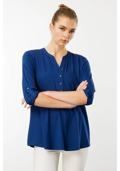 Desen Triko Kadın Açma Yaka Önü Düğmeli Penye Bluz 25765 Indigo Indigo