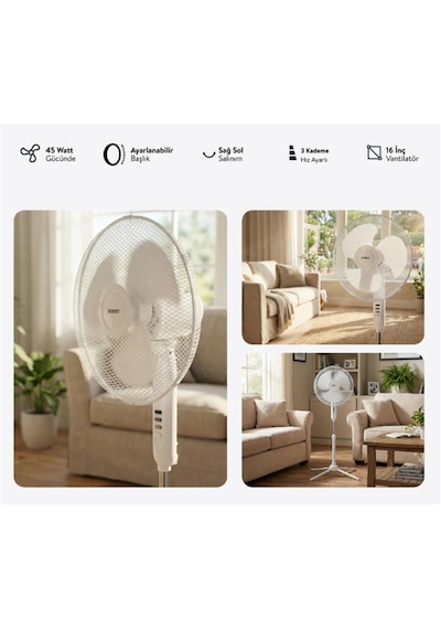 Everest Fan10 Ecowind Beyaz Metal Yıldız Ayak 3 Bıçaklı Vantilatör- Pervanesi 16" Maks 45w 3 Kademe