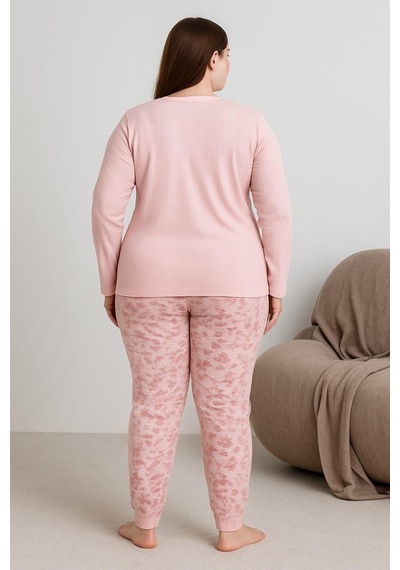Pemilo Kadın 0330 Büyük Beden Raporlu Pijama Takımı Pembe Pembe