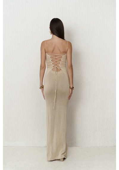 Mai Collection Mai Studios Co. Cintia Sırt Dekolteli Bej Triko Elbise Bej