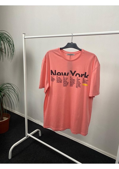 Kadın Bisiklet Yaka Oversize Kalıp New York Baskılı Tişort Spr24tsk112 Pembe