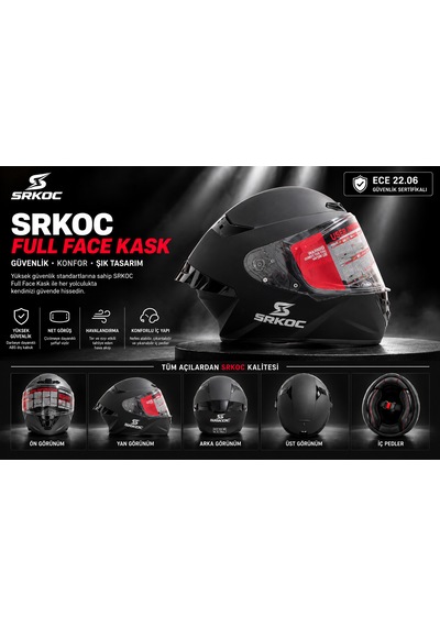 Srkoc İntercom Uyumlu Full Face Ece 22.06 Sertifikalı Mat Siyah Motorsiklet Kaskı