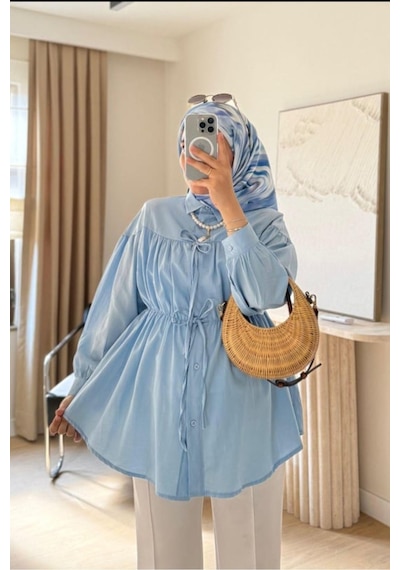 Unika Boutique Kadın Büzgü Detaylı Tesettür Gömlek Mavi