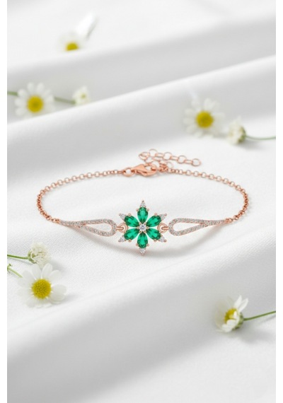 Çekirdekjewelry 925 Ayar Gümüş Zümrüt Taşlı Lotus Bileklik Pembe