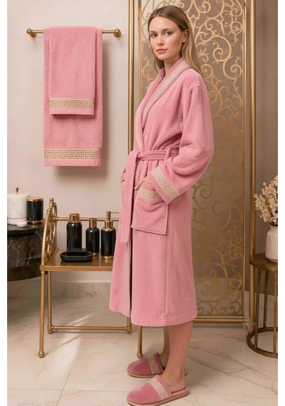 Premium %100 Pamuk Unisex Şalyaka Cepli Bornoz Seti 4 Parça Havlu Terlik Takımı Pembe Pembe