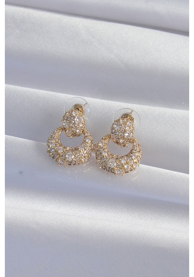 Ezoconcept Pirinç Gold Renk Zirkon Taşlı Oval Form Küpe
