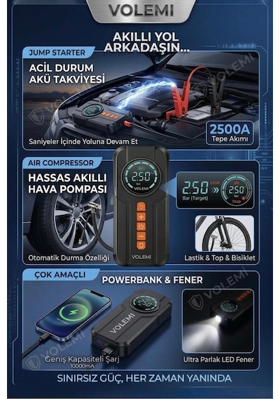 Volemi Vm-726 4'ü 1 Arada Taşınabilir Şarjlı Akü Takviye Cihazı Ve Lastik Şişirme Pompası 10000mah Powerba
