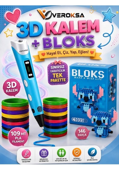 Mavi 3d Kalem + 146 Parça Bloks Seti Yaratıcılığını Tek Pakette Keşfet Stitch109