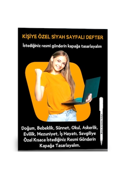 Kişiye Özel Siyah Sayfalı Defter A4-a5 60 Sayfa Beyaz Kalem Hed