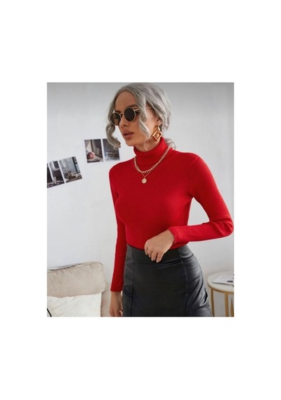 Hanclo Kadın Fitilli Balıkçı Yaka Slim Fit Triko Kazak Kırmızı