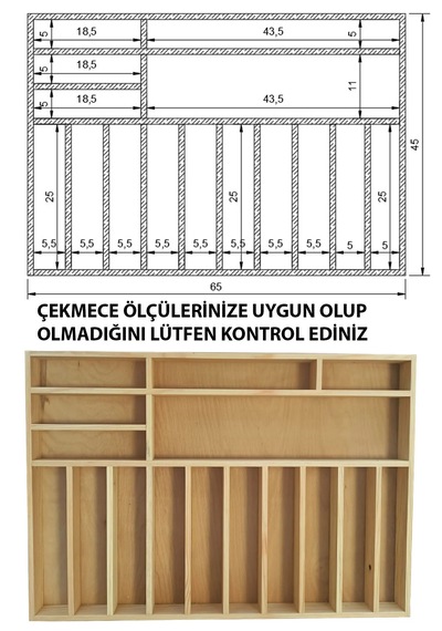 Ayfiwood 65x45 Cm. Doğal Ahşap Kaşıklık Kepçelik Mutfak Çekmece İçi Organizer