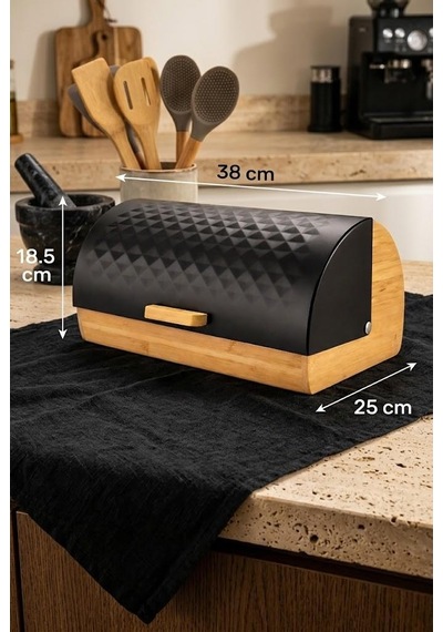 Bambu Gövdeli Siyah Pane Ekmek Dolabı 38x25x18.5 Cm - Mekanizmalı Metal Kapaklı Ekmeklik