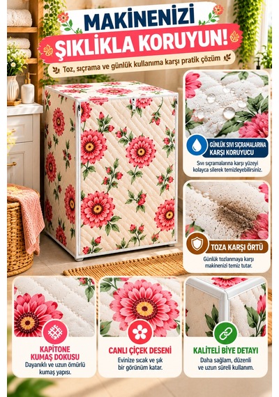 Çiçek Desenli Çamaşır Makinesi Örtüsü Kapitone Fermuarlı Koruyucu Kılıf 63x58x84 Cm Pembe Beyaz Renk