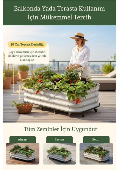 Modüler Yükseltilmiş Balkon Ve Teras Tekerlekli Sebze Yatağı No:4 110x60 Bej