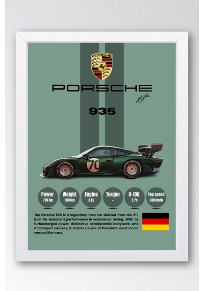 Porsche 935 Premium Yarış Arabası Çerçeveli Tablo - Teknik Özellikli Legend Series Duvar Dekoru Beyaz