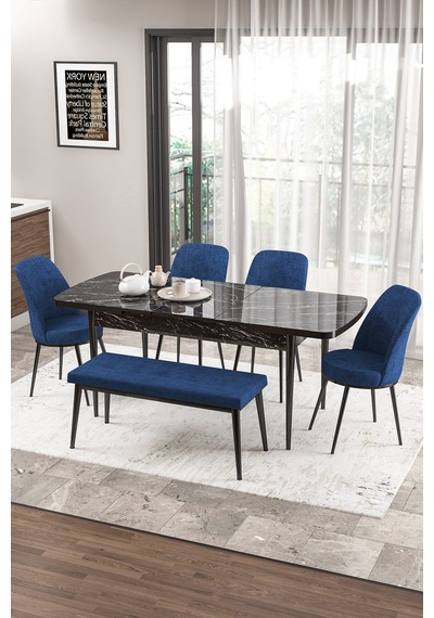 Canisa Concept Zen Serisi 80x132 Mdf Açılabilir Siyah Mermer Desen Masa Takımı 4 Lacivert Sandalye Ve 1 Bench Masa Siyah Mermer Sandalye Ve Bench Lacivert Canisa Concept Zen Serisi 80x132 Mdf Açılabilir Siyah Mermer Desen Masa Takımı 4 Lacivert Sandalye Ve 1 Bench Masa Siyah Mermer Sandalye Ve Bench Lacivert