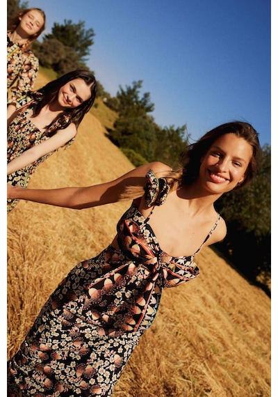 Defacto Lug Von Siga x DeFacto Bodycon Desenli Askılı Poplin Midi Elbise C1297AX24SMBK81