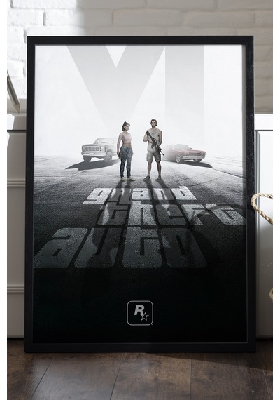 Gta Siyah Ahşap Çerçeveli Poster, Dekoratif Oyun Duvar Tablosu