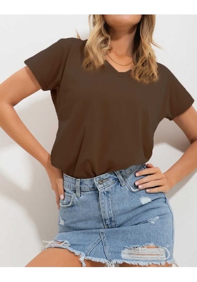 Kozia Outdoors Malkoçbey Baskısız V Yaka Oversize Unisex Basic T-şhirt Kahverengi Kahverengi