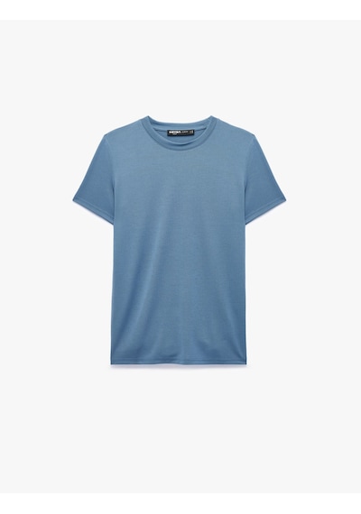 Koton Bisiklet Yaka Viskon Karışımlı Kısa Kollu Basic Slim Fit Tişört Mavi 6sam10285mk