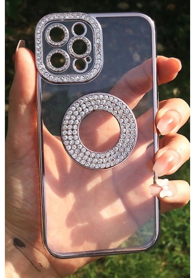 Apple Uyumlu iPhone 13 Pro Kılıf Kamera Korumalı Taş Süslemeli Arkası Şeffaf Redclick Asya Kapak - Rose Gold