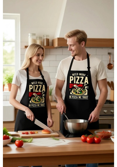 Unisex Mutfak Önlüğü Pizza Baskılı Retro Tasarım Dijital Baskı Ra Siyah