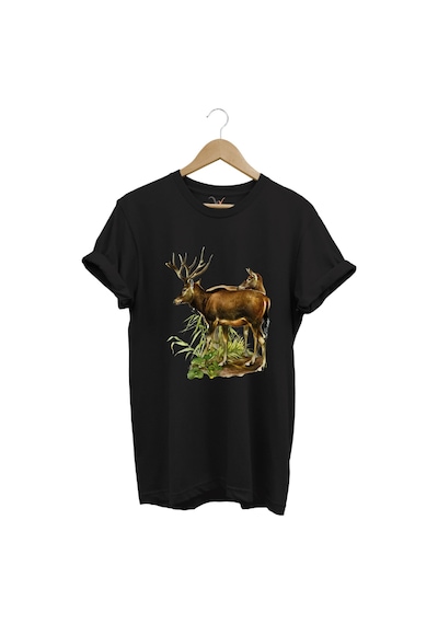 Avcılık Geyik Avcılığı Ve Doğa Baskılı Orman Temalı %100 Pamuk Regular Fit Siyah T-shirt Siyah