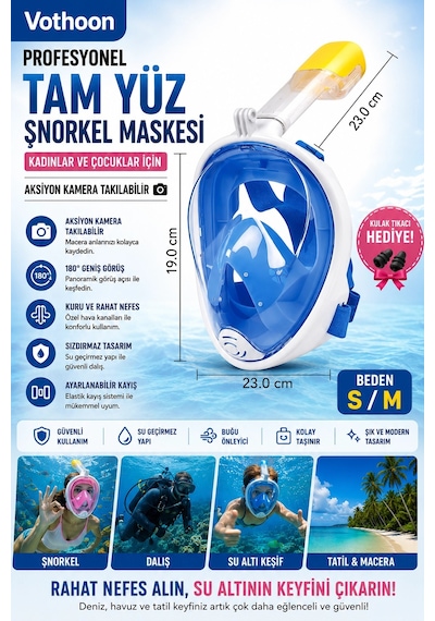 Tam Yüz Şnorkel Maskesi Dalış Maskesi Kadınlar Çocuklar İçin Kulak Tıkacı Hedıye S/m Mavi