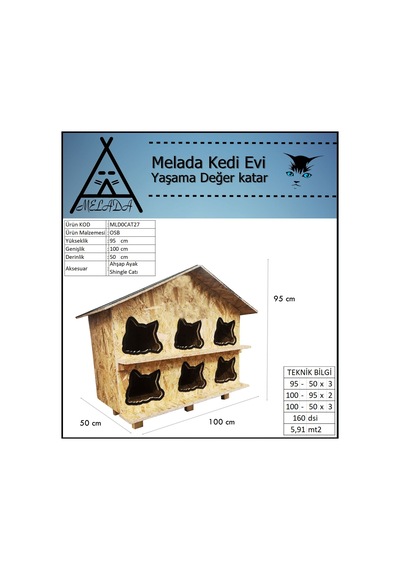 Melada Kedi Evi Dış Ortam Uygun Ahşap Kedi Evi Osb 100x95x50 Cm