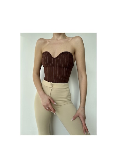 Wellway Ithal Crep Çizgili Kadın Bustiyer-crop Kahverengi Kahverengi