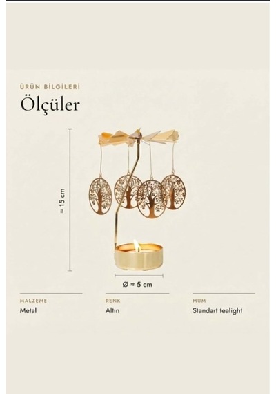 Altın Renk Dönen Hayat Ağacı Figürlü Mumluk Isıyla Dönen Dekoratif Tealight Mumluk