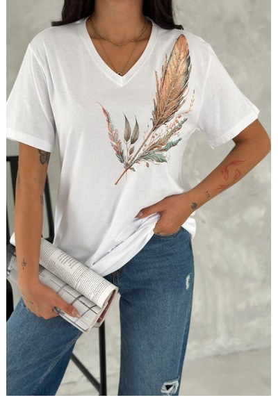 Cassime Kadın Büyük Beden Omzu Yaprak Pul Payet Nakışlı Tişört Xl-2xl-3xl Beyaz