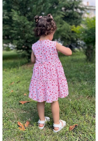 Dantel Kurdele Detaylı Kolsuz Çiçekli Kız Çocuk Bebek Elbise 001