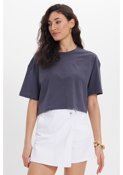 Tudors Kadın Slim Fit Dar Kesim Pamuk Kısa Kollu Bisiklet Yaka Gri Crop Tişört-50469 L