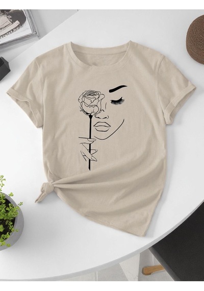 Uyguntarz Unisex Gül & Siluet Baskılı Tasarım Tshirt Bej