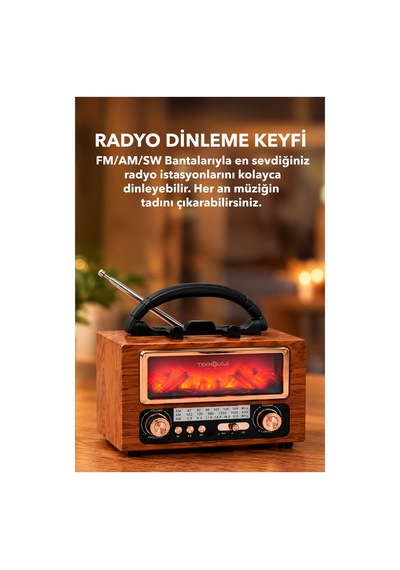 Nostaljik Radyo Şömine Görünümlü Müzik Kutusu Retro Ahşap -bluetooth Hoparlör Speaker & Usb Destekli Ns-901bt