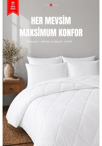 Moon Çift Kişilik Yorgan 1 Yorgan + 2 Yastık Hediyeli Ultra Yumuşak 4 Mevsim Konforlu Uyku Seti Beyaz