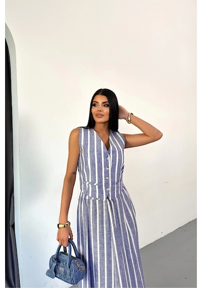 Defymoda Keten Çizgili Yelek - Uzun Etek Takım - Mavi Mavi