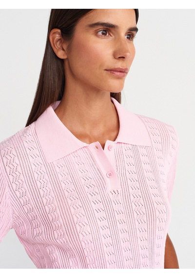Dilvin 10781 Polo Yaka Düğmeli Ajurlu Triko Bluz-pembe Pembe