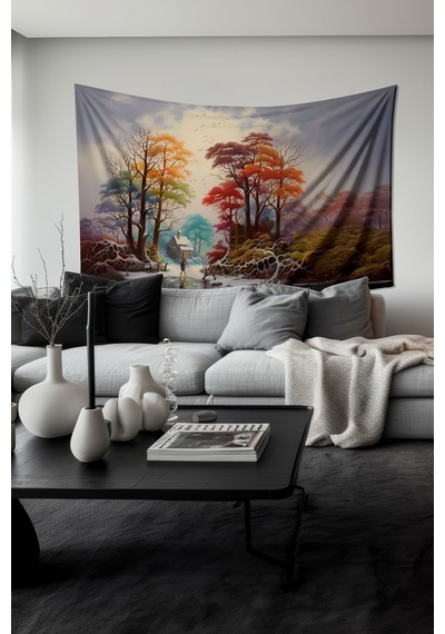 Kış Sonu Desenli Duvar Halısı Duvar Örtüsü Tapestry Süet Dokulu Kumaş
