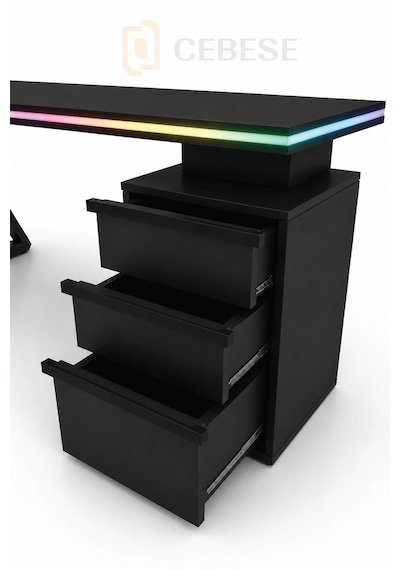 Bilgisayar Masası + Rgb Led - 170 65 77 Cm Kumandalı Ve Telefon Kontrollü Siyah