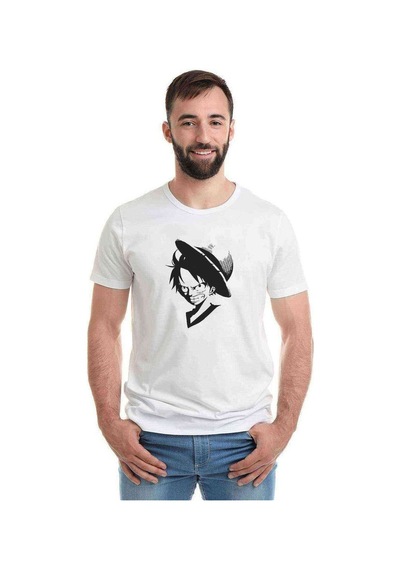 Luffy One Piece Black And White Baskılı Beyaz Erkek Tshirt
