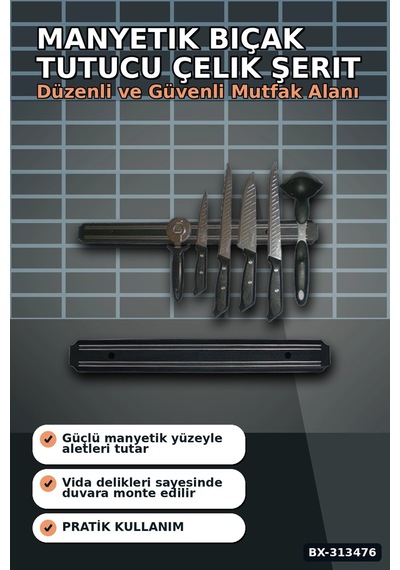 55 Cm Manyetik Bıçak Tutucu - Duvara Monte Çelik Şerit, Mutfak Bıçak Askısı Bx-313476 Diğer